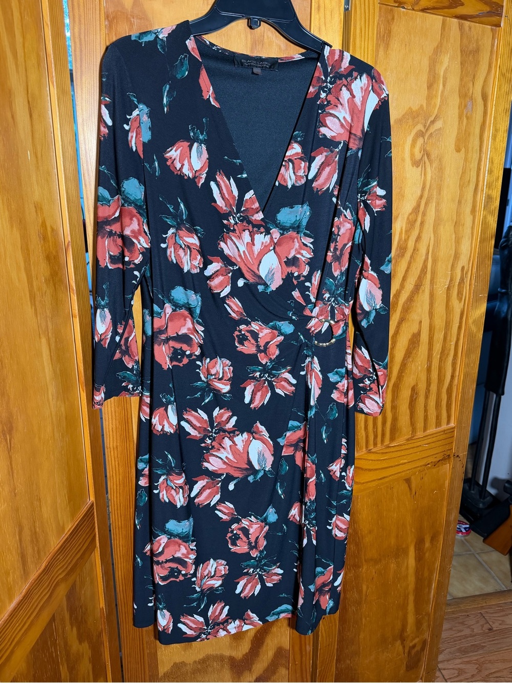 Floral Faux Wrap Dress in Black with Burnt Orange & Teal Blooms|Sz 12